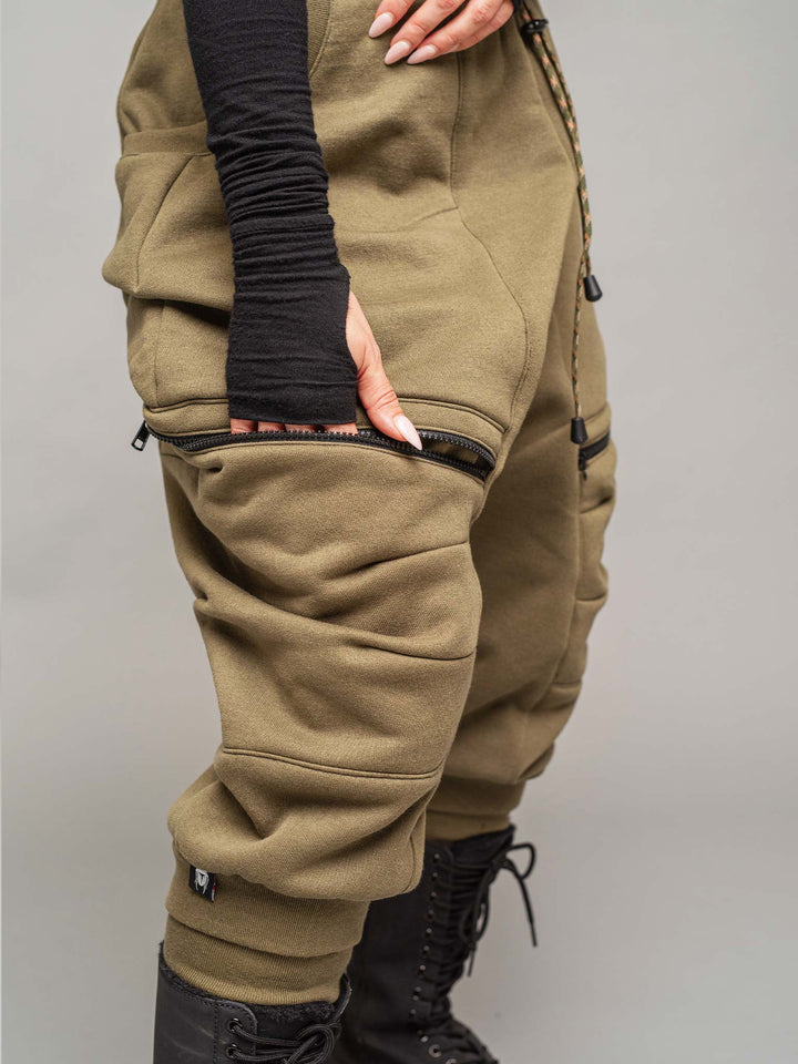 ronin women's drop crotch streetwear joggers in olive with 4 elasticated drawstring waistband, 4 pocket design and calf support - close-up pocket