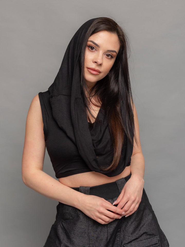 Yara avant garde hooded crop top in black - front view