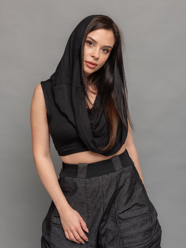 Yara avant garde hooded crop top in black - front view pose