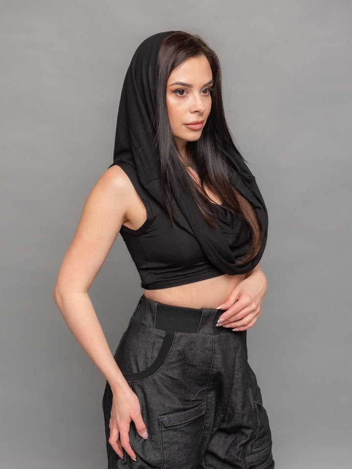 Yara avant garde hooded crop top in black - side view