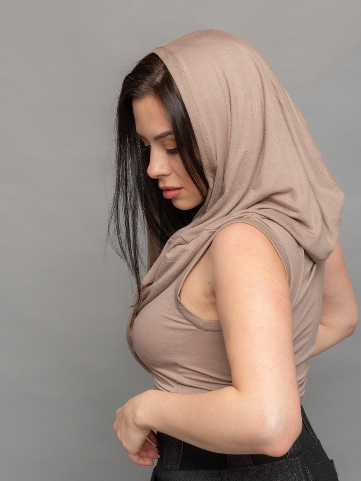 Yara avant garde hooded crop top in taupe - side back view