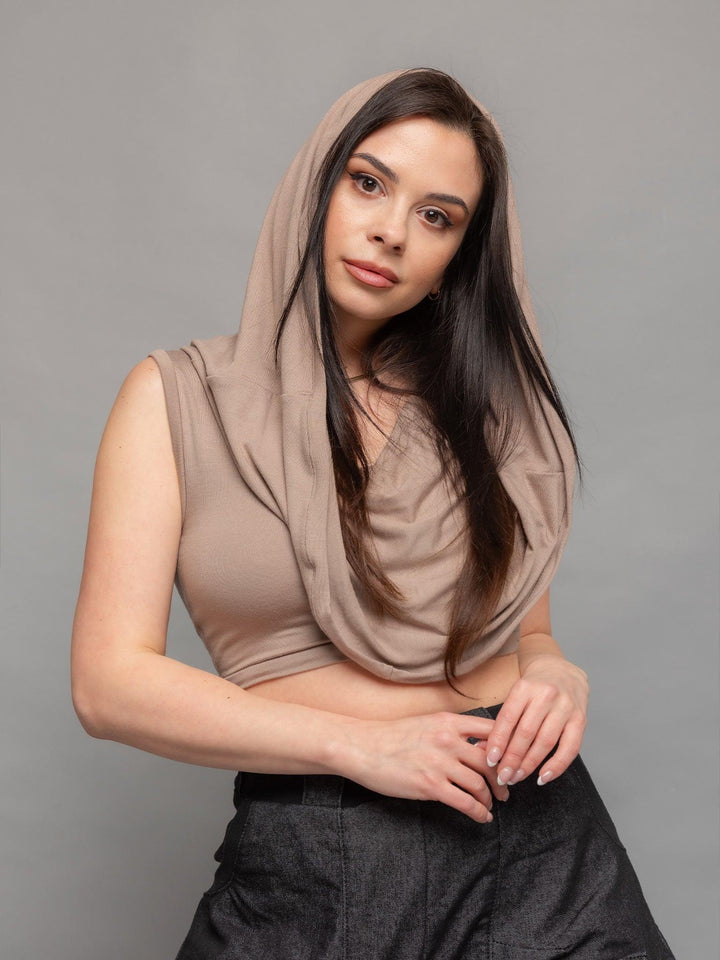 Yara avant garde hooded crop top in taupe - front view