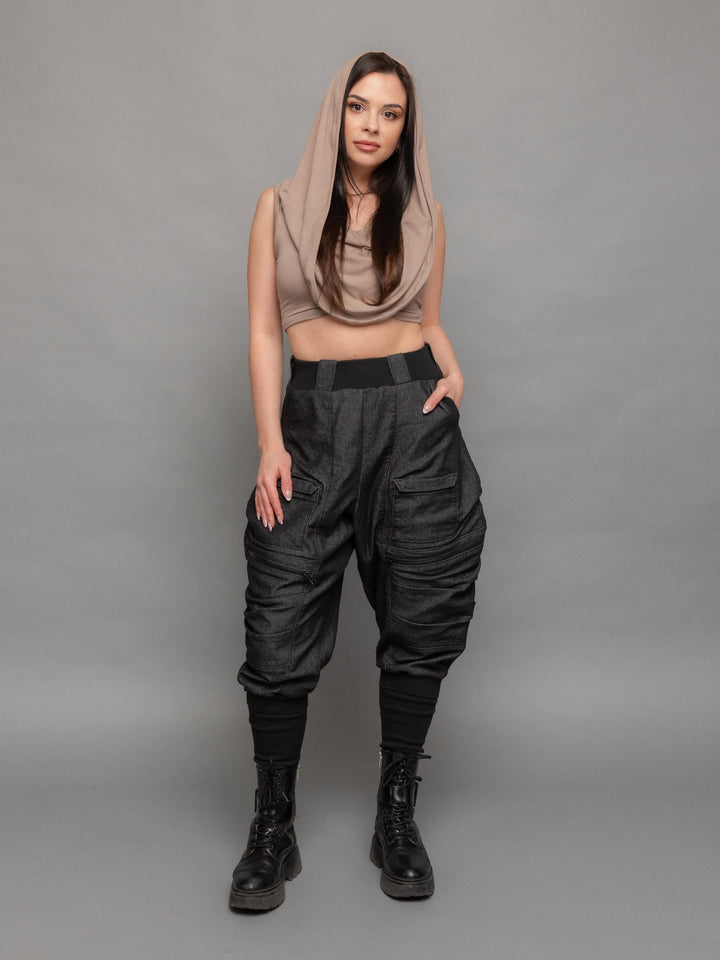 Yara avant garde hooded crop top in taupe - full body shot styled with the Rune cargos