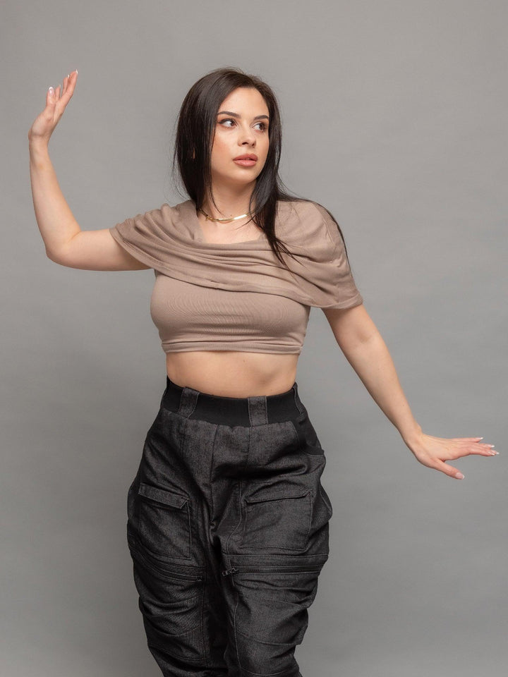 Yara avant garde hooded crop top in taupe with hood over the shoulders 